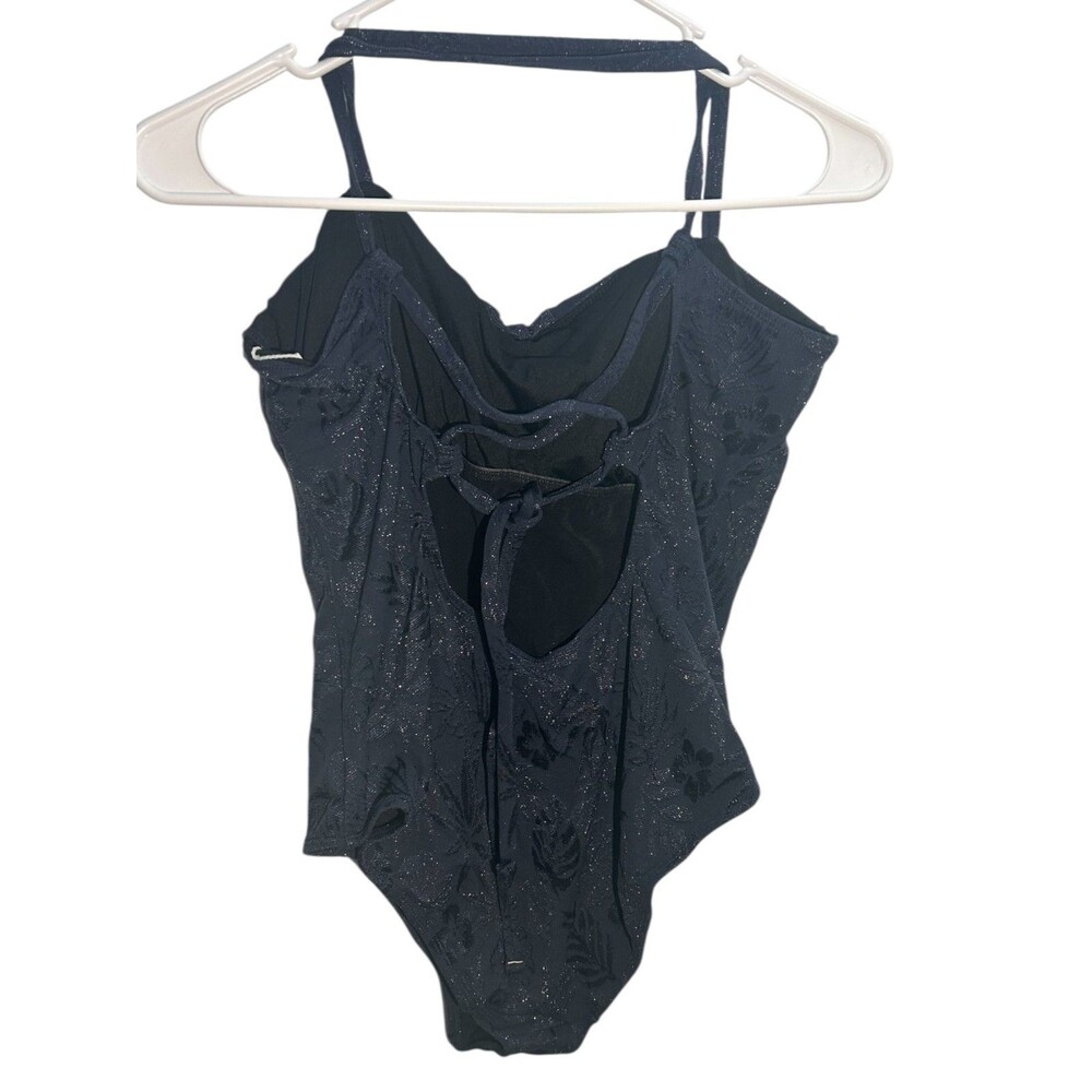 Cupshe One Piece Swimsuit  Navy Blue Floral Silver Glitter XL Tummy Contouring - Picture 2 of 5